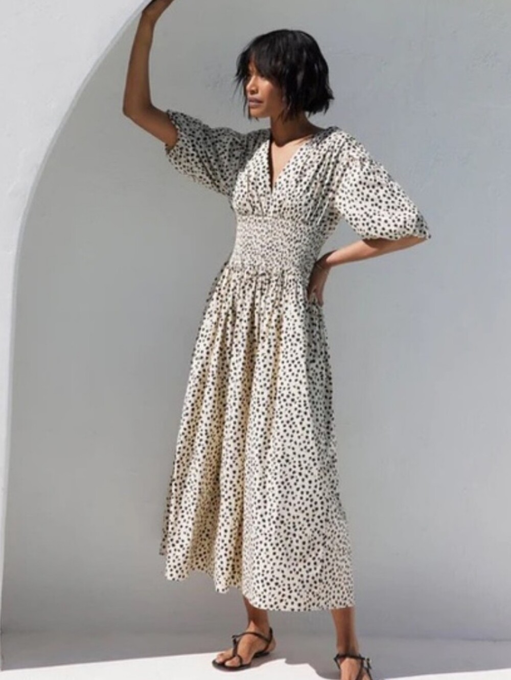 AYR The Extra Extra Smocked Midi Dress Poplin Puff Sleeve Soft Spot Beige Size M